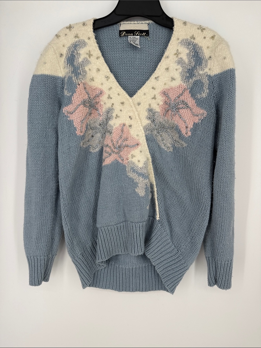 Vintage 80s Dana Scott Blue & Cream Floral Embellished V-Neck Sweater Sz medium